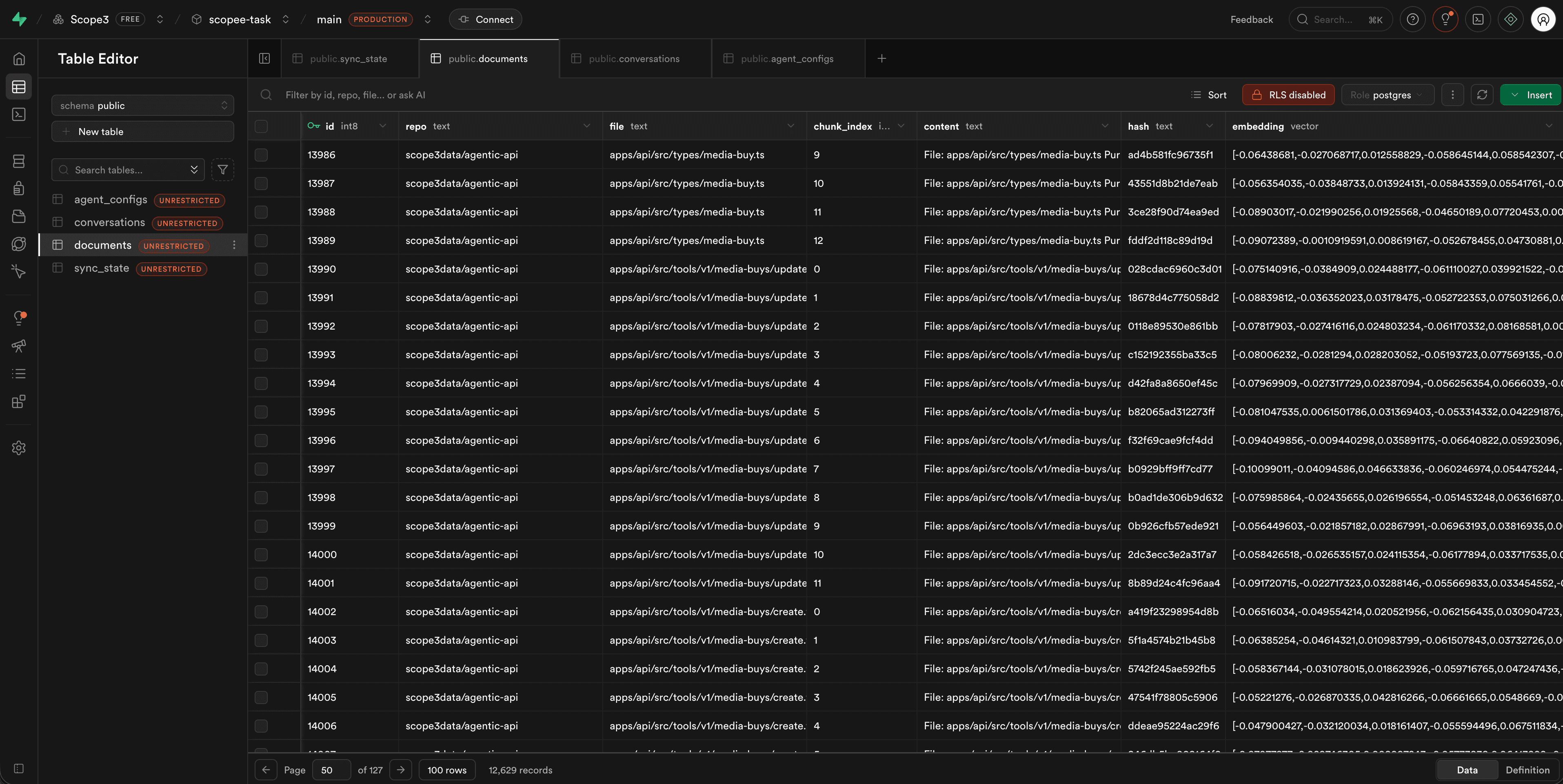 Supabase documents table: embedded code chunks from the repo used to ground answers and context