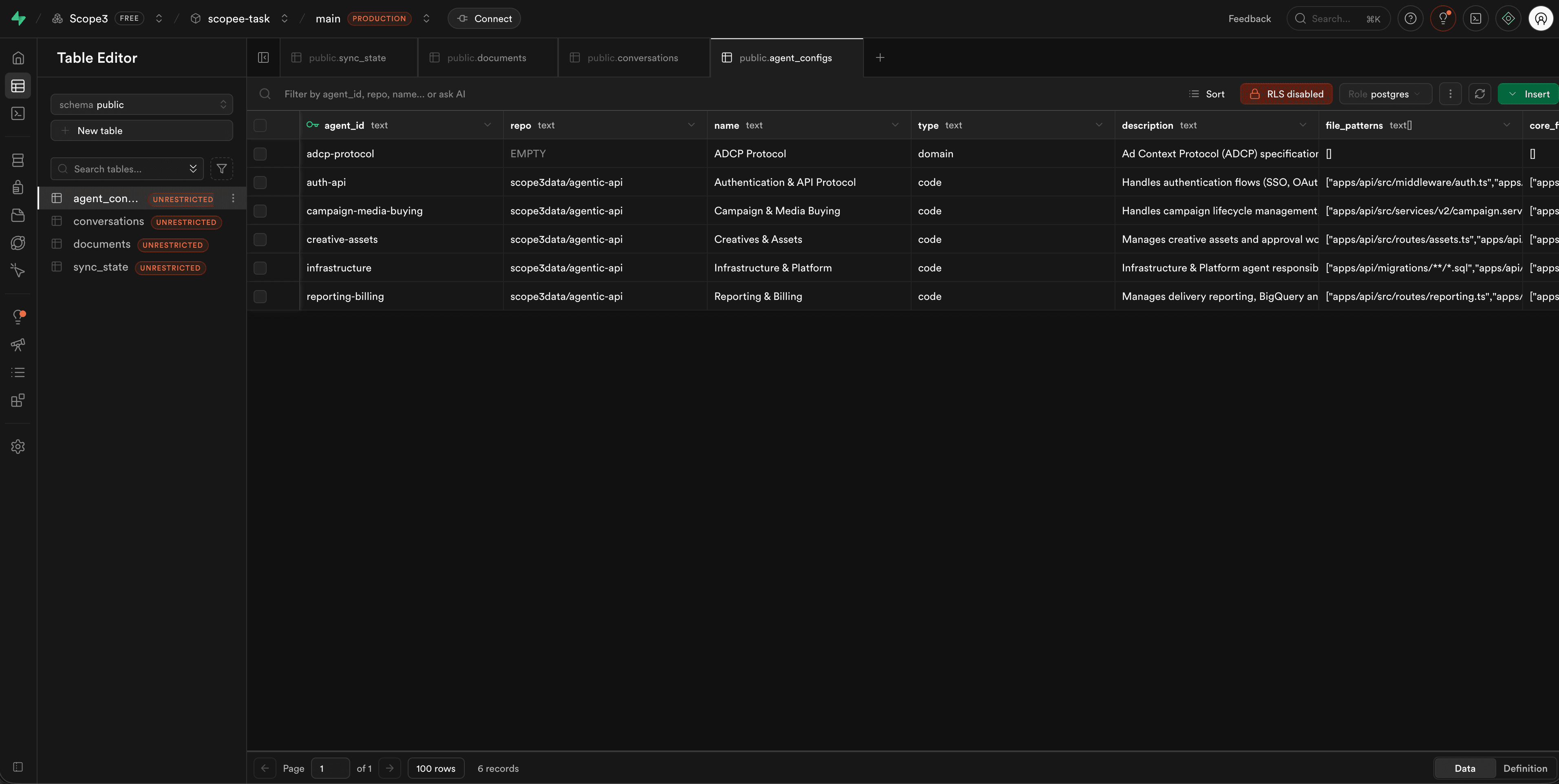 Supabase agent_configs table: multiple specialists per repo, each with domain knowledge synced from code