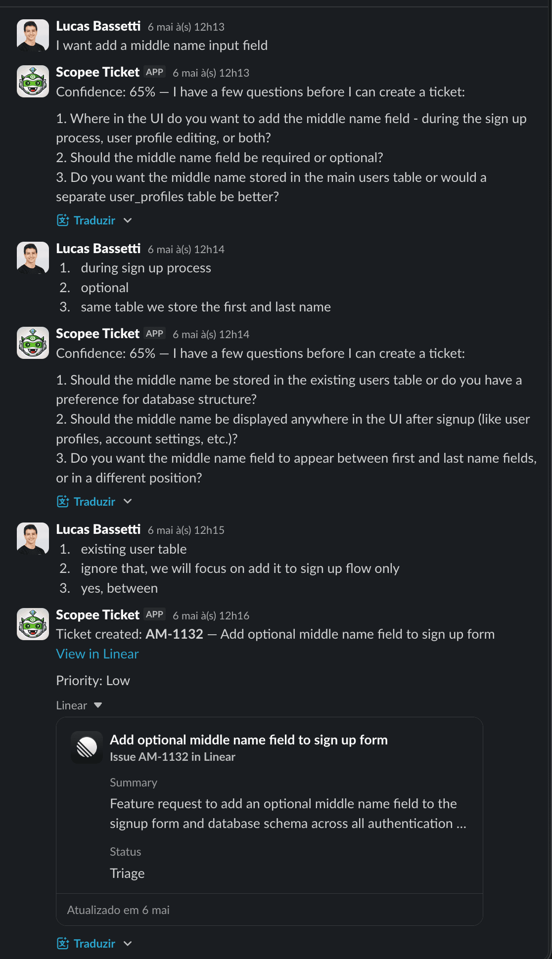 Simple example describing a new feature, bot asks numbered clarifying questions before filing